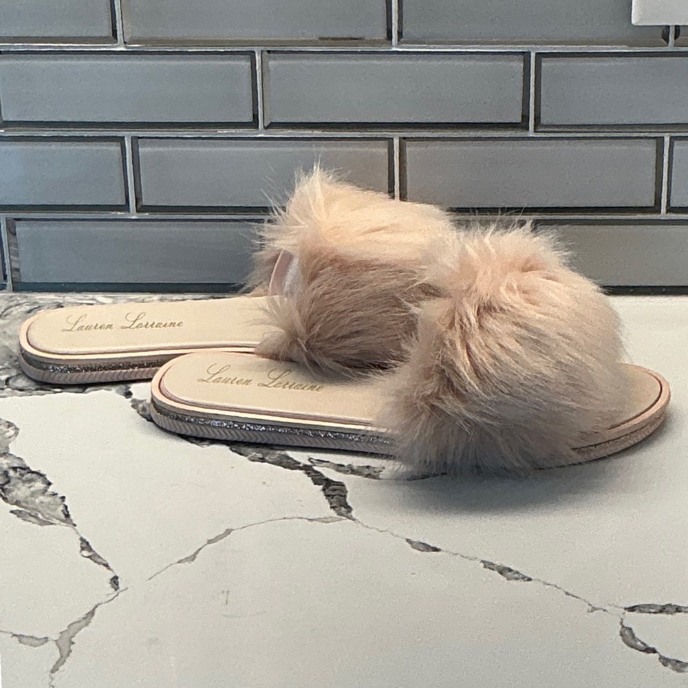 Lauren Lorraine Fluffy Blush Pink Faux Fur Glitter Trim Slide Sandals Size L 10